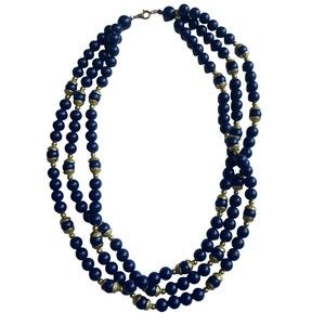 Navy Gold-Toned Beaded 3-Strand Necklace